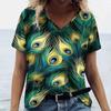 Summer Fashions Women‘S T-Shirts Colorful Peacock Feather Prined Short Sleeve Clothing V Neck Woman Loose Porosity