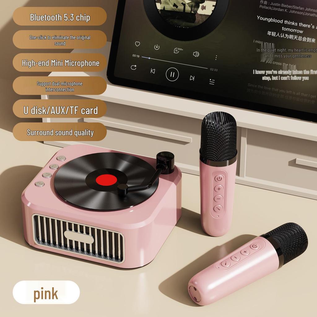Ретро виниловый проигрыватель с Bluetooth-динамиком и беспроводным микрофоном - Ультрамаленький и высококачественный, идеальный фестивальный подарок