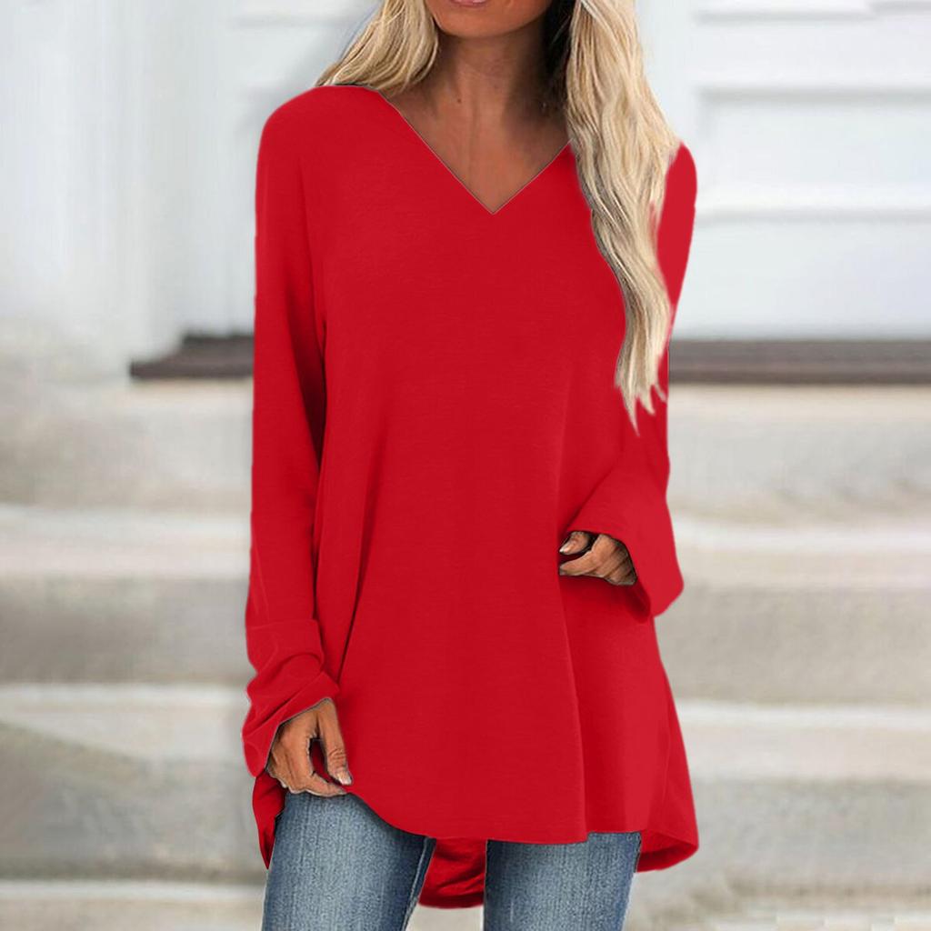 Women's Fashion Casual T-shirt Solid Color Long Sleeve V-neck Medium Long Top