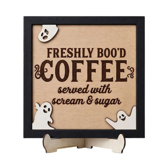 Holiday Atmosphere Home Decor Halloween Wooden Coffee Photo Frame, Retro Distressed Sign for Decorative Holder Countertop Decor, Rustic Autumn