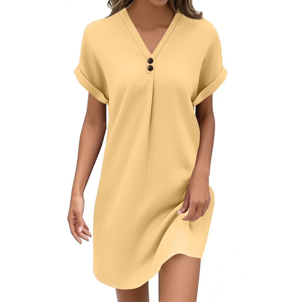 Women's Fashion V-neck Solid Color Pullover Casual Button Dress