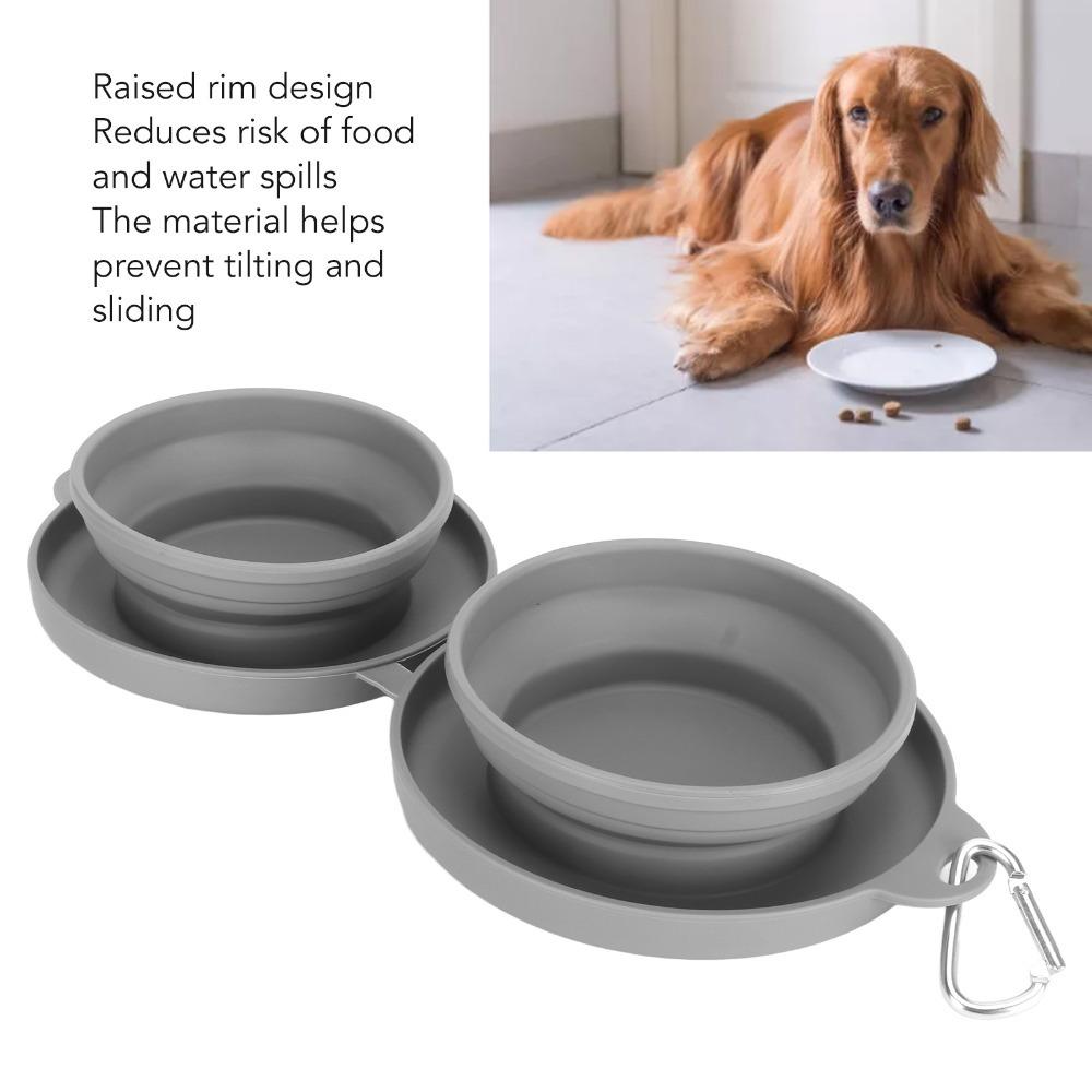 Grey Portable Dog Feeding Bowl Double Cavity Pet Travel Feeder Bowl Household Feeding