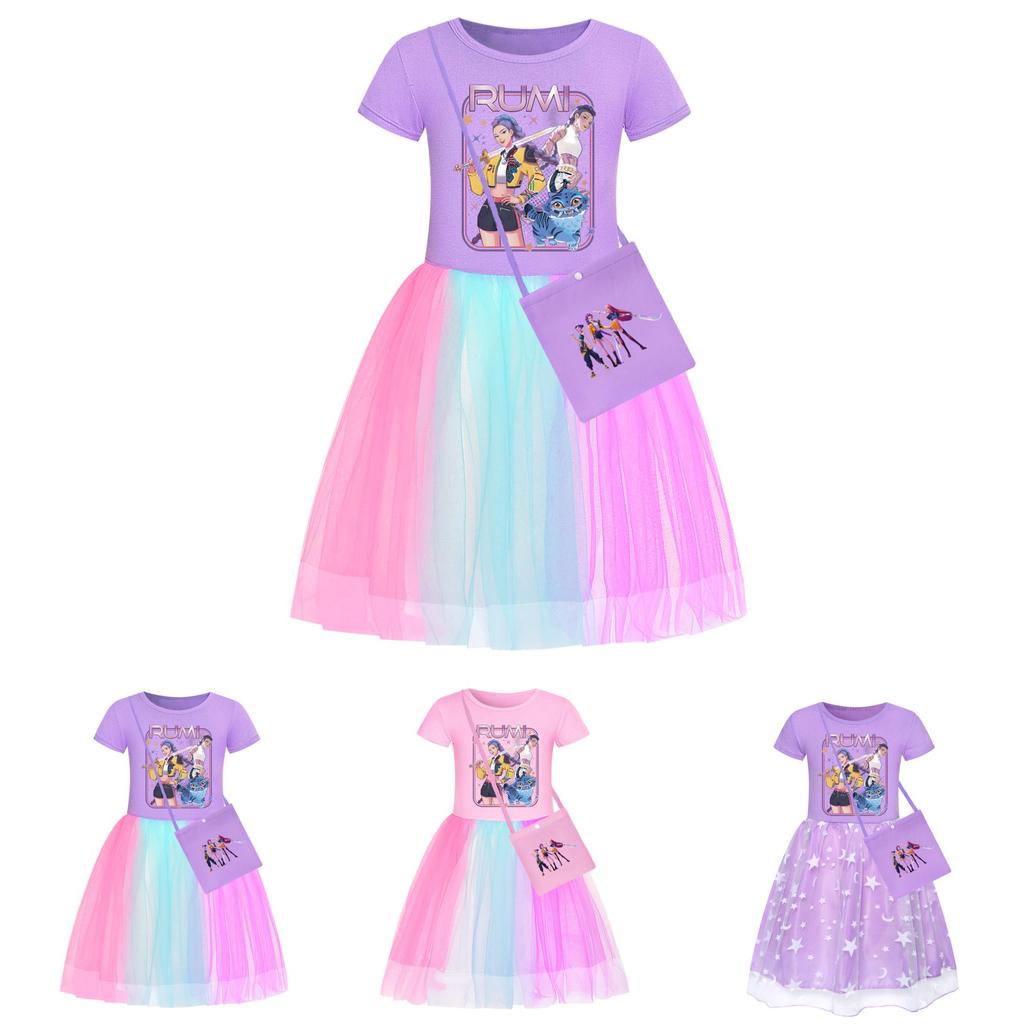 Kpop Demon Hunters Pattern Girl Dress With Cotton Fabric And Pleated Skirt For Kids Girls
