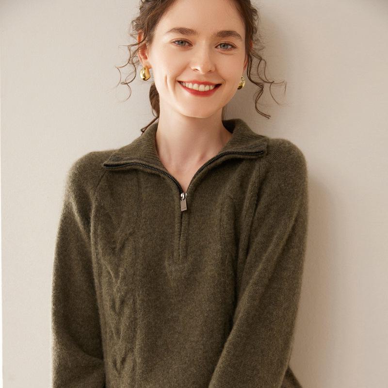 Женский кашемировый кардиган с лацканами, застежкой-молнией и узором в виде перекрученного цветка