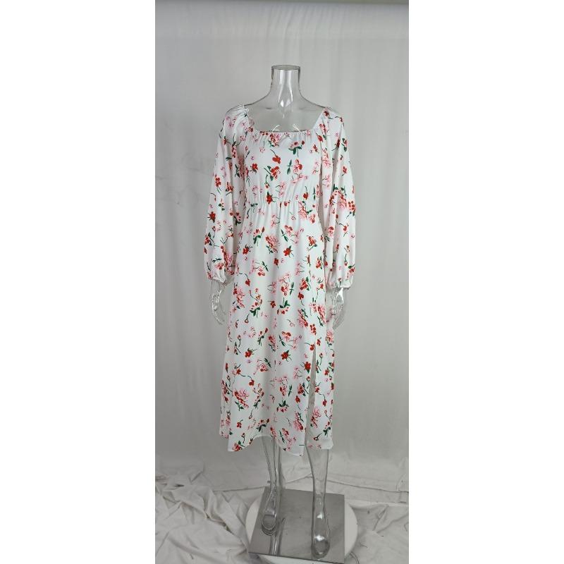 Весенние женские темпераментные элегантные платья с разрезом и рукавами-фонариками с принтом