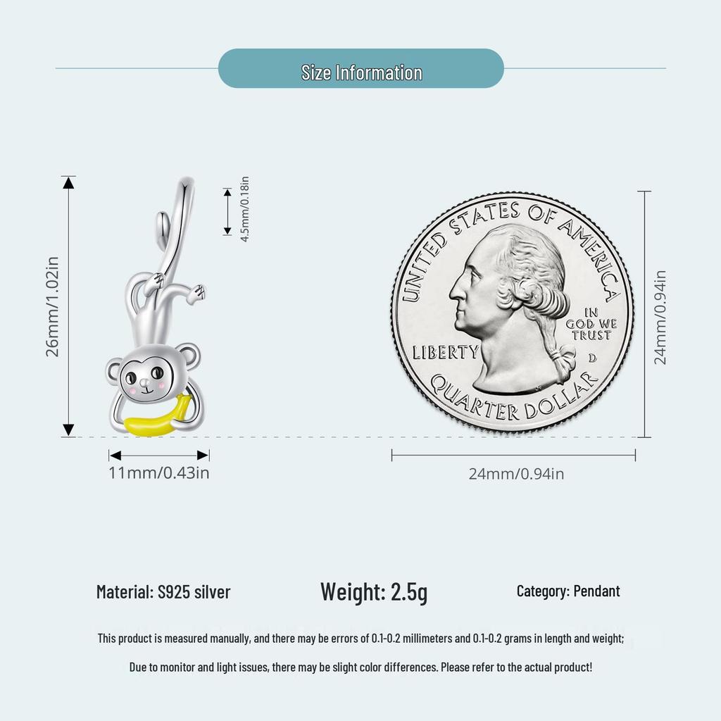 Yinziyun Playful Monkey Sterling Silver Charm Bracelet/Necklace Pendant