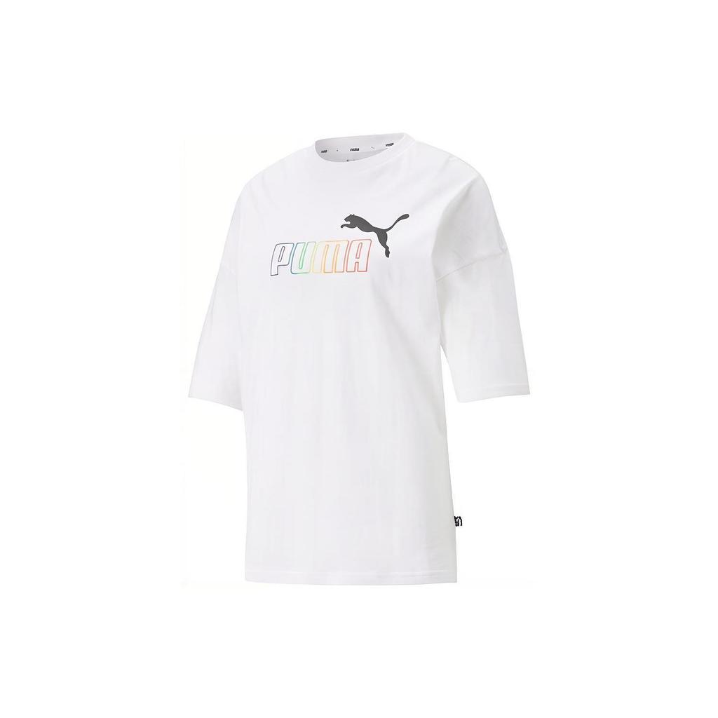 Puma Colorful Vintage Print Logo Short Sleeve T-Shirt With Dropped Shoulders SS22 Women Tops White 670948-02