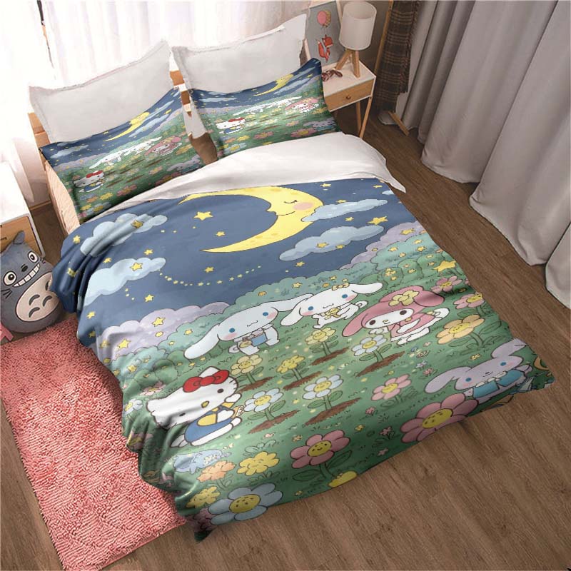 3D printed cartoon Cinnamoroll themed three-piece bedding set, including duvet cover and pillowcases, a perfect holiday gift.