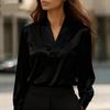 Womens V-Neck Long Sleeve Blouse Slim Fit Office Shirt Solid Color Professional Workwear
