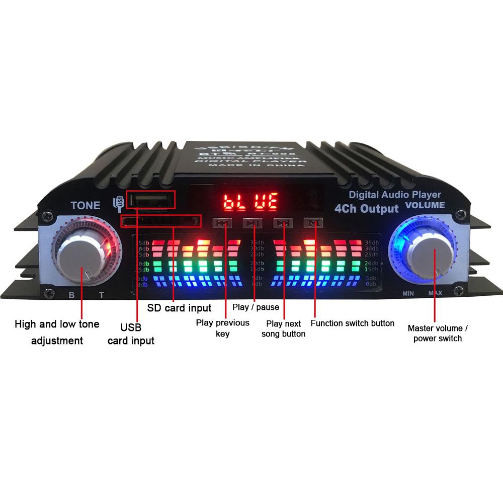 Car BT5.0 Audio Power Amplifier 4 Channel Home Theater Stereo Receiver 12 V with FM Radio