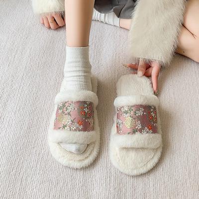 Меховые тапочки домашние женские шлепанцы флок низкие плюшевые массажные 2024 плоские римские с мехом ткань TPR короткие плоские туфли