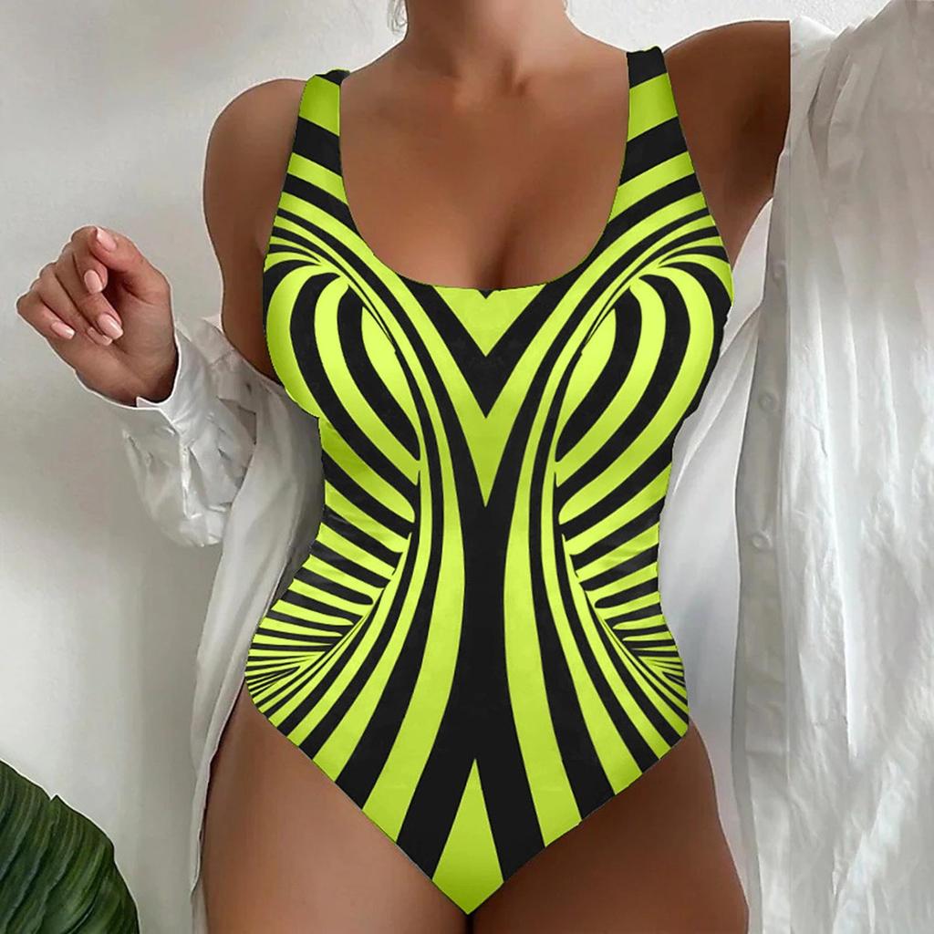 Swimwear For Women Tummy Control Women Large Size Swimwear Figure Shaping U Neck Striped Print Sports Swimsuits Woman 2025