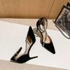 Women's Black Stiletto Heels 2025: Fashionable Pointed Toe, One-Strap Buckle, Rhinestone Closed-Toe Sandals.