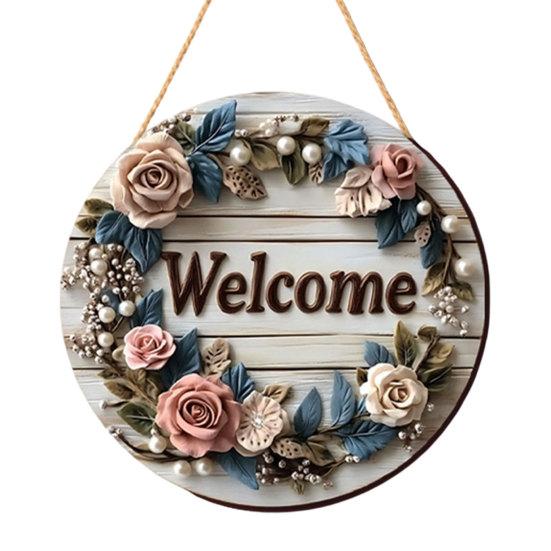 Spring Flower Wreath Welcome Sign, Independence Day Patriotic Hanging Plaque, Round Wooden Door Hanger Decoration for Indoor Outdoor