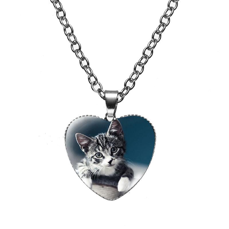 Женская мода милый питомец котенок стеклянный кабошон сердце форма ожерелье кулон ожерелье ювелирные изделия аксессуары подарки