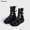 Fashion Ins Style Fashion Black Square Toe Wedges Women Summer Sandals Boots Casual Flats Zipper Gladiator Sandals Girls Chunky Shoes