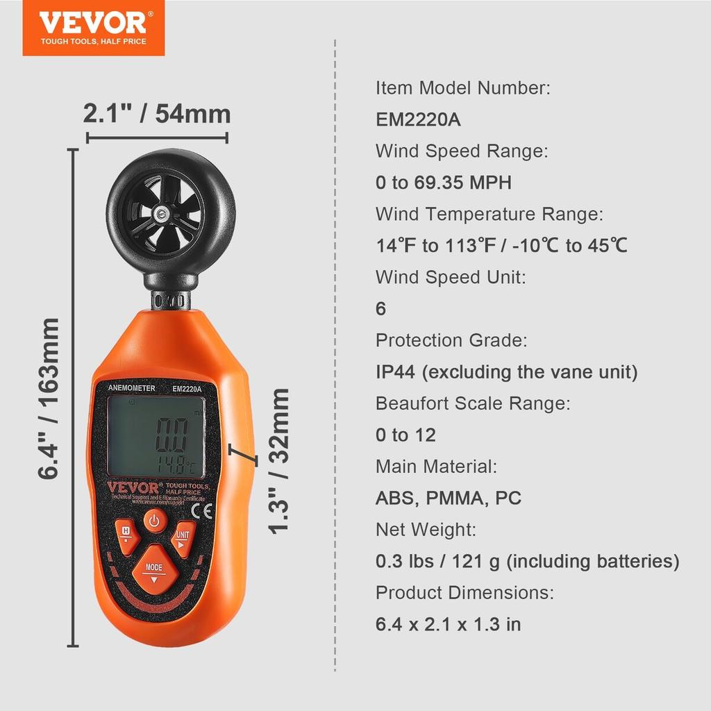 Handheld Anemometer, 14℉-113℉, Digital Wind Speed Meter Gauge with LED Backlight Screen, Measures Wind Velocity Wind Temperature Air Flow Wind Chill,