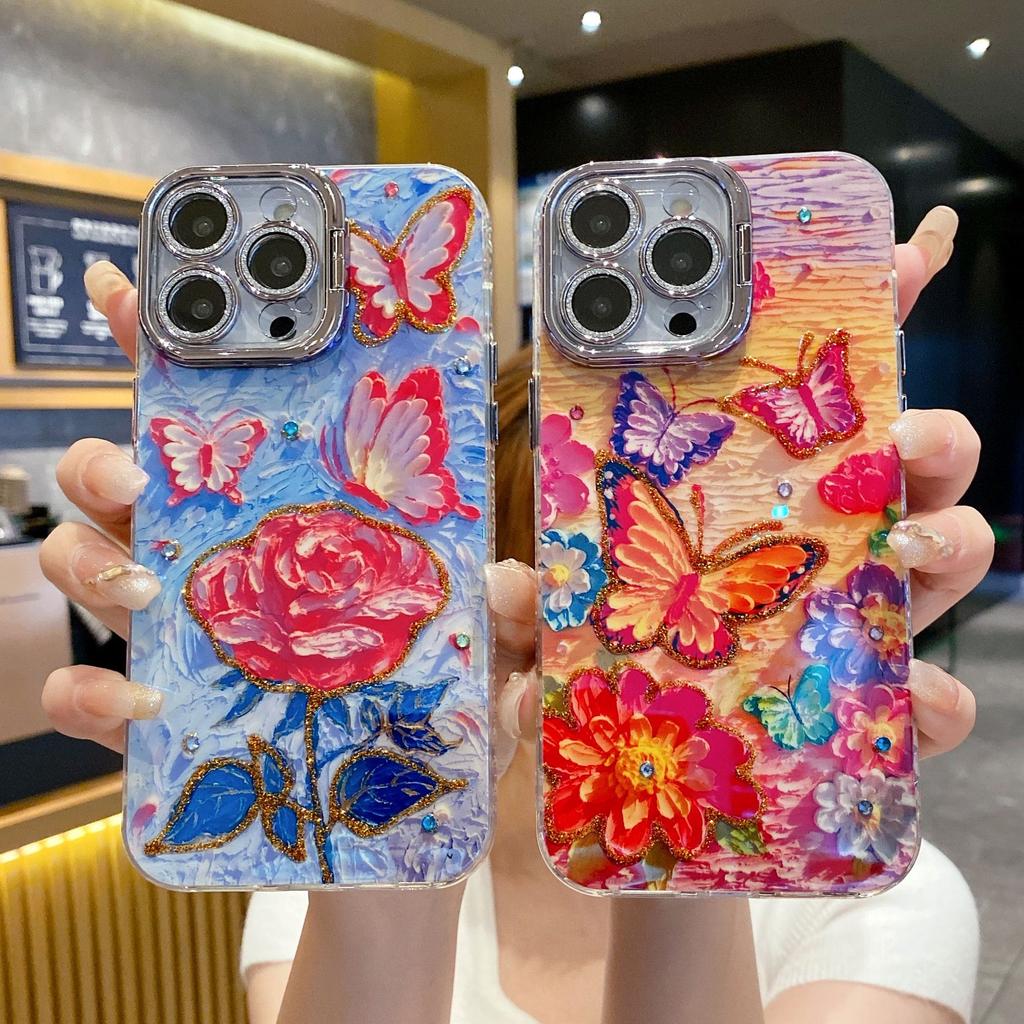 Applicable To IPhone16 Oil Painting Rose Mobile Phone Case Apple 15Pro Flash Powder Lens Film Stand 14 Protective Cover