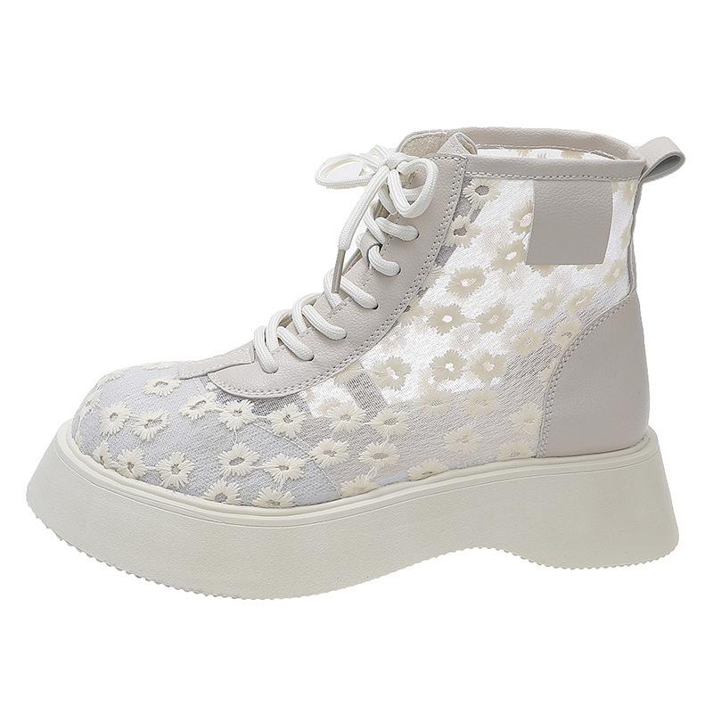 2025 Новые женские сандалии Толстая подошва Кружево Сетка На шнуровке Вышивка Женские ботинки Платье Лес Противоскользящая подошва Дышащие Zapatillas