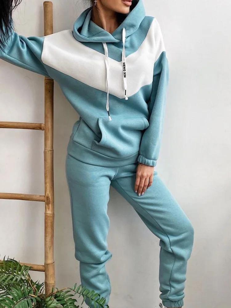 Повседневные комплекты для женщин, винтажная уличная мода, комплект из 2 предметов, однотонные карманы, длинный рукав, капюшон, 2024, новые комплекты брюк на осень-зиму