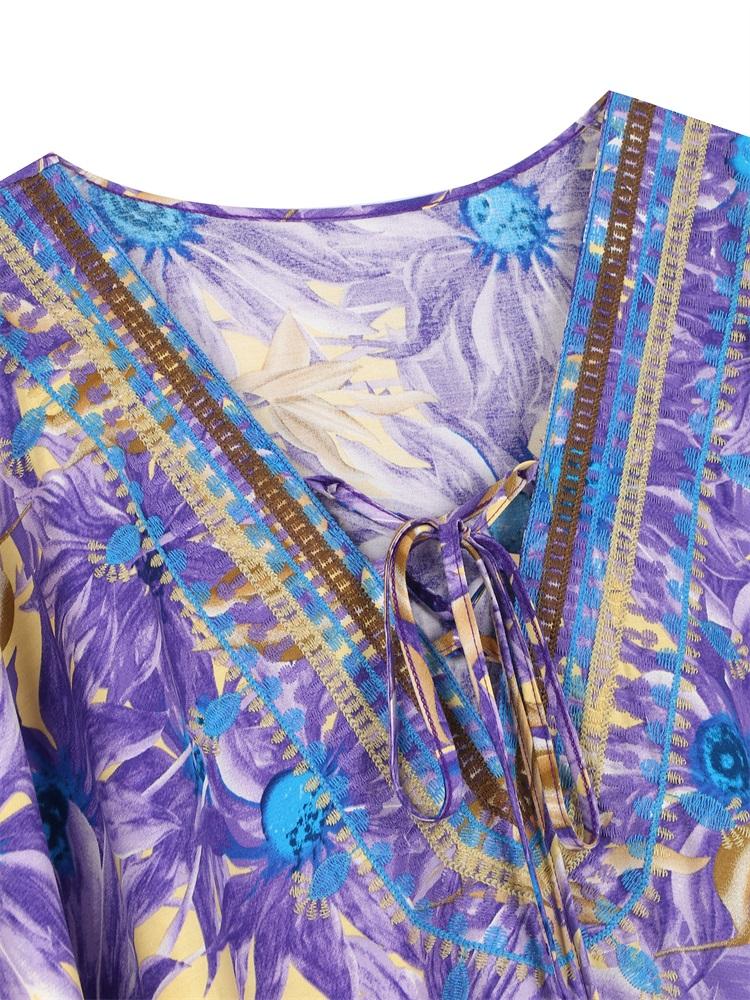 EDOLYNSA Plus Size Kaftan Purple Bohemian Printed Tasseled V-neck Summer Long Beach Dress Women Homewear Swim Suit Cover Up Loose Caftan Q1627