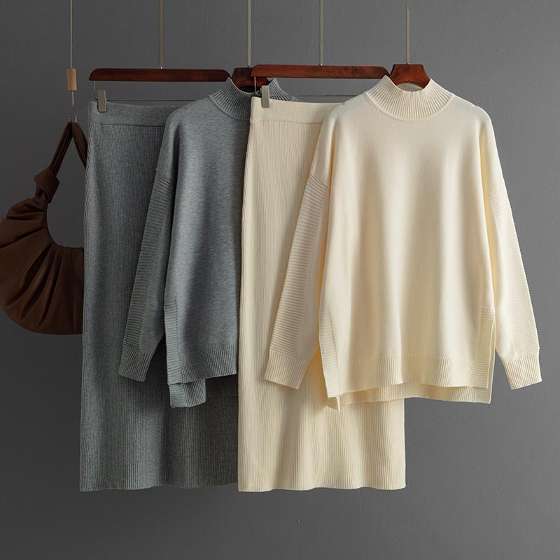 Осенне-зимний свободный свитер-пуловер с высоким воротником, однотонный женский трикотажный комплект из двух предметов с длинными рукавами и широкой юбкой