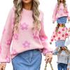 Women's Casual Fashion Comfortable Round Neck Pullover Contrast Color Flower Long Sleeve Street Trend Knitted Sweater