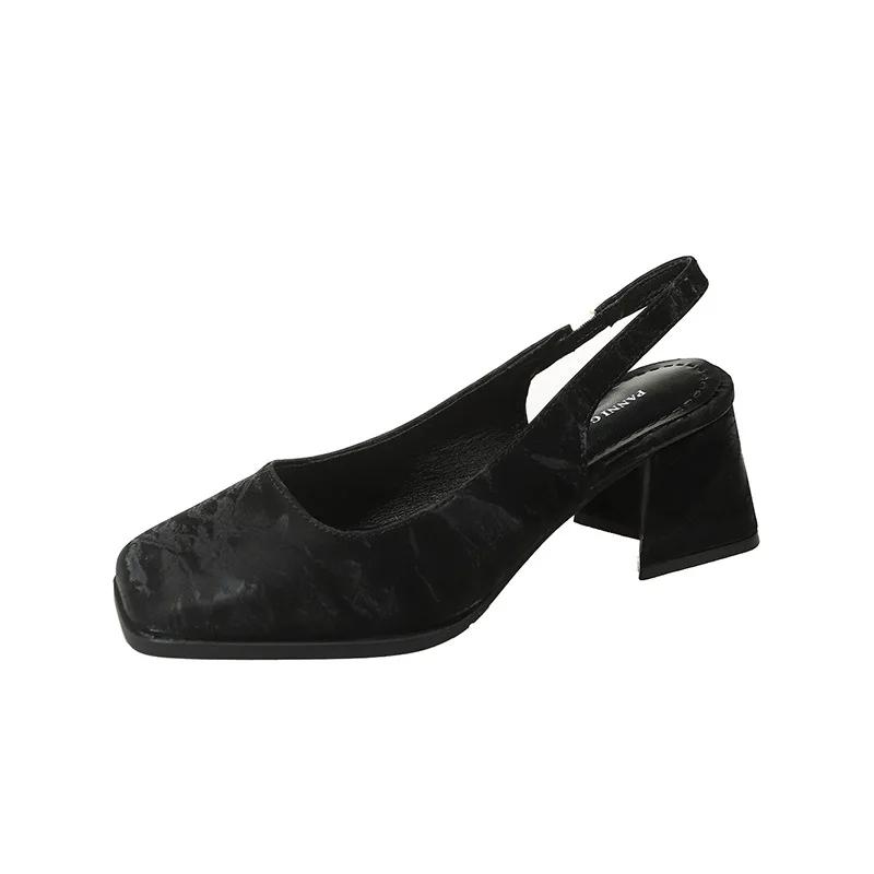 2024 Весна и Осень Новые Черные Туфли С Задним Воздухом Одиночные Туфли Французские Ретро Сандалии На Высоком Каблуке Квадратной Головы Для Женщин