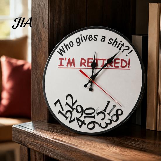 Non Ticking Clock Humorous Retirement Round Wall Clock, Who Gives A Shit I'm Retired, Lightweight Wooden Silent for Home Office Living Room
