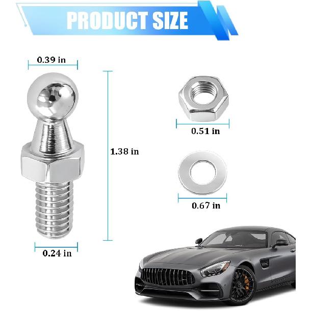 4PCS 10mm Car Ball Stud with Hardware Nuts, M6 Carbon Steel Vehicle Gas Spring Strut Studs, Sturdy Auto Gas Struts Shocks Springs Lift Support End