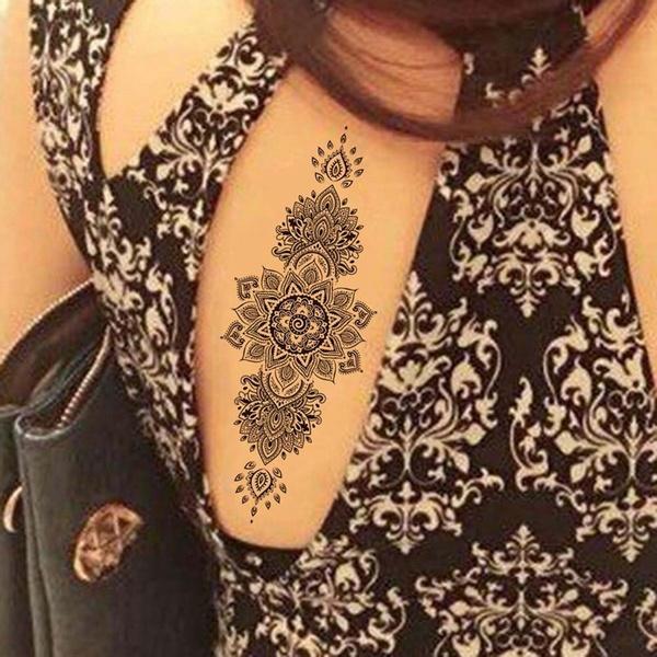 Мандала цветок временные татуировки наклейки ключицы руки назад тела ретро черные одноразовые поддельные татуировки водостойкие для сексуальных женщин