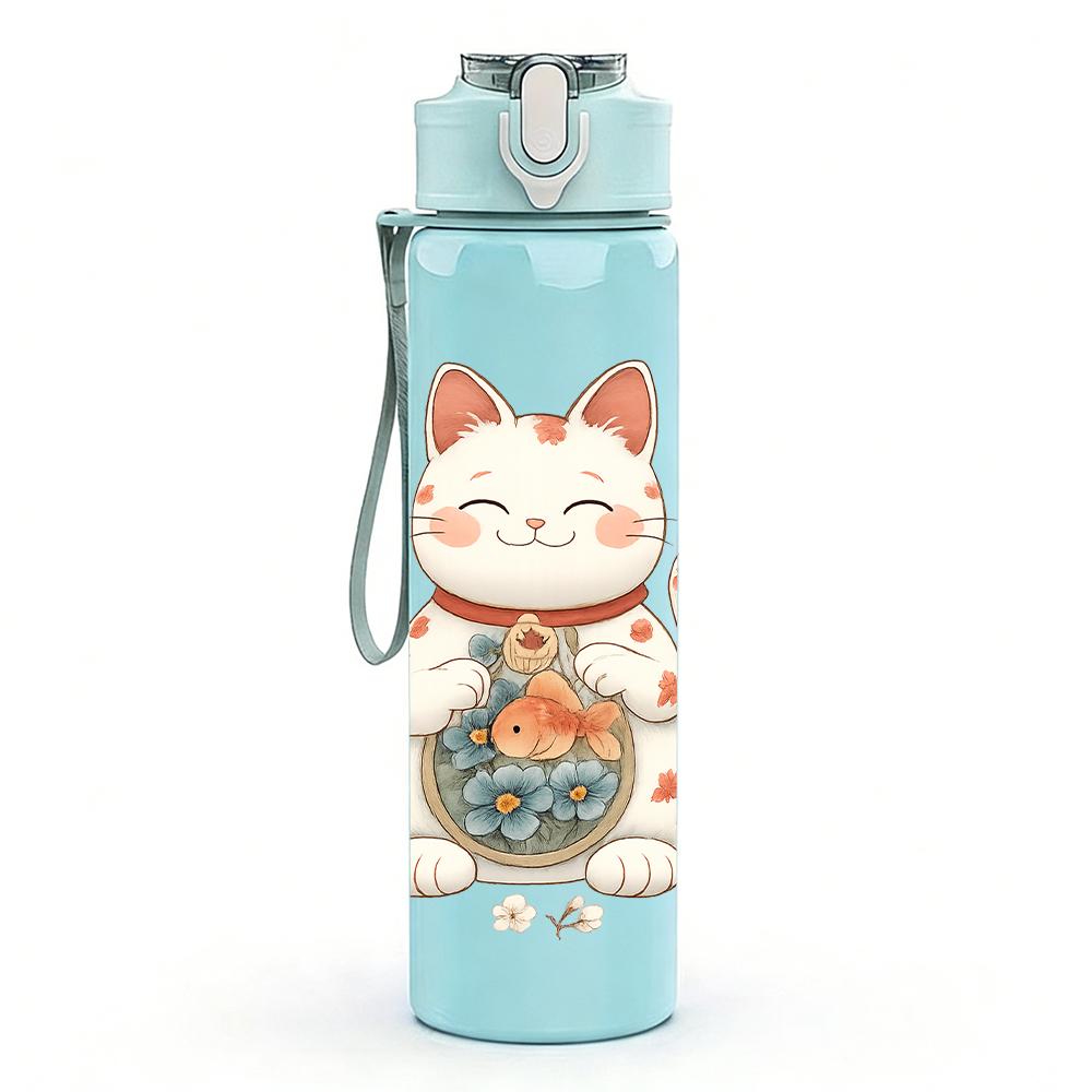1PC Maneki Neko Lucky Cat Floral 750ml Color Plastic Sports Water Bottle Leakproof Flip Straw Lid Suitable for Sports Office Home Use