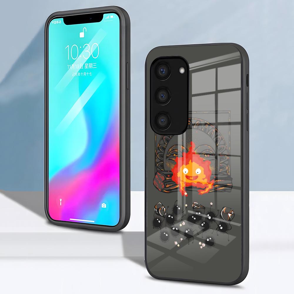 Аниме Милый Чехол-Калькулятор Кальцифер для Samsung S26 S25 S24 FE S23 S22 S21 Plus S20 Ultra Note20Ultra Черная Стеклянная Крышка