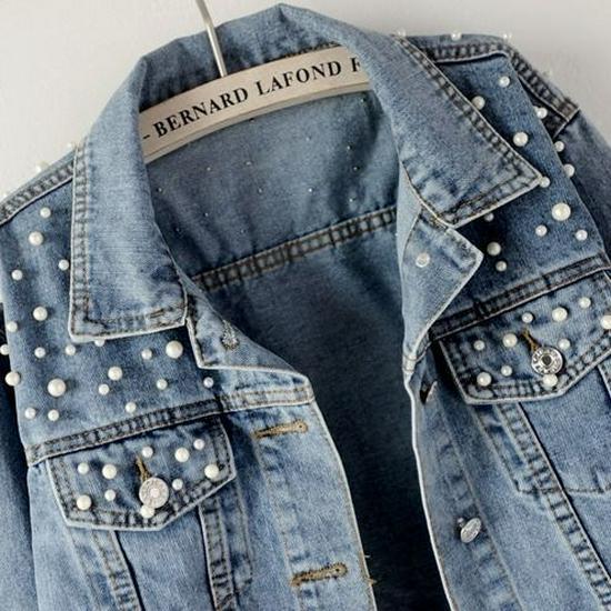 Women's Plus Size Studded Rhinestone Denim Jacket with Pearl Beading