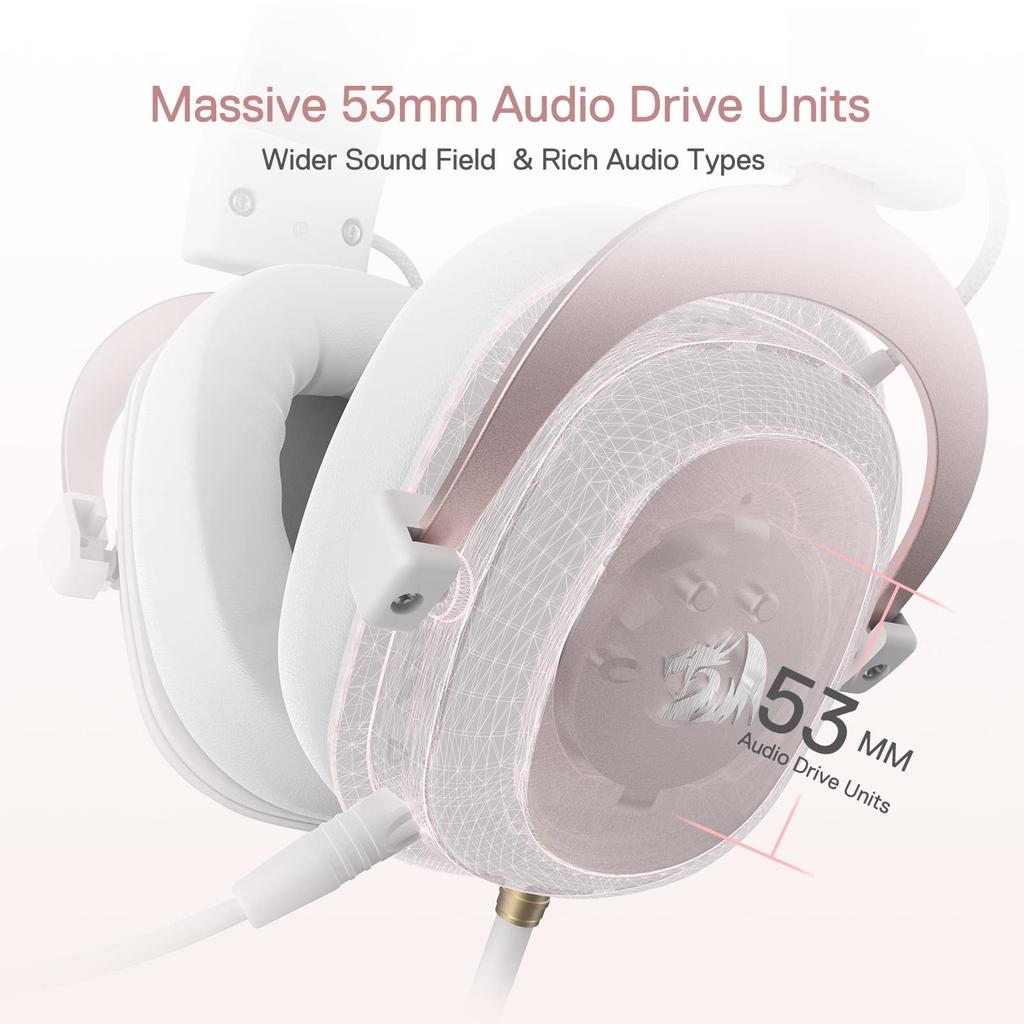 Redragon H510 Zeus White Wired Gaming Headset Surround Sound Memory Foam Ear Pads 53mm Drivers Detachable Microphone for Xbox NS - 7.1 - - - -
