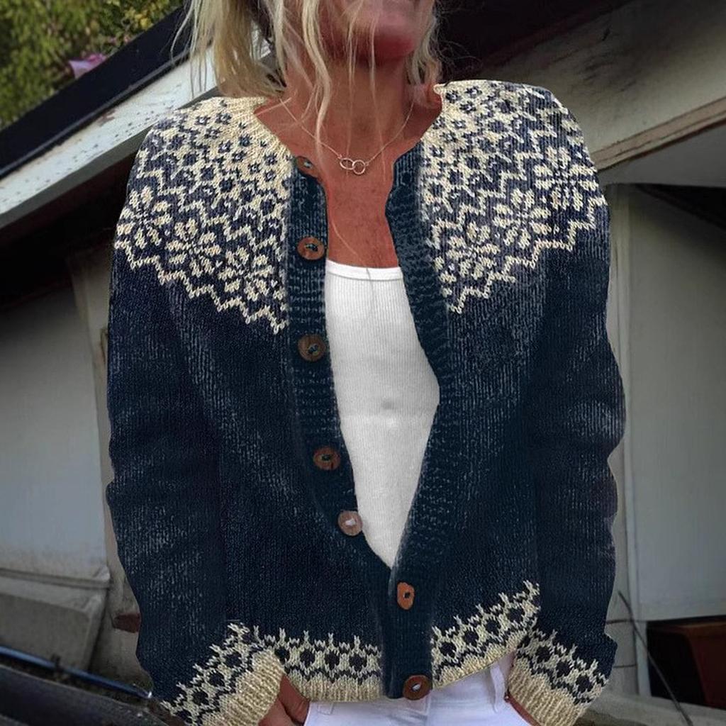 Кардиганы в стиле Fair Isle для женщин, с круглым вырезом, свободного кроя, на пуговицах, объемный свитер, с открытой передней частью, повседневная вязаная куртка на осень