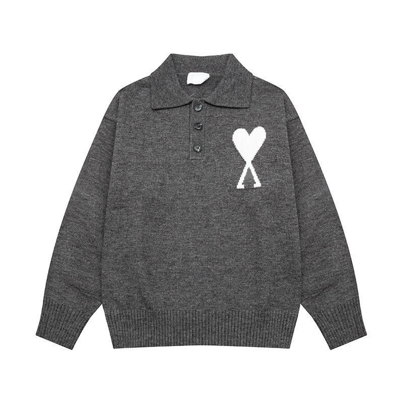 Unisex Big Heart Jacquard Knit Polo Sweater - Soft, Loose Long Sleeve