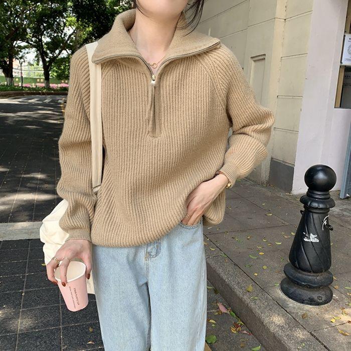 Полумолния пуловер трикотажный женский свободный тонкий верхняя одежда толстый свитер куртка топ