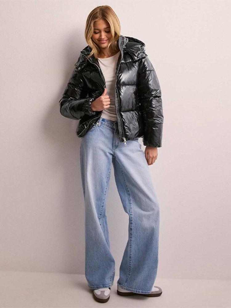 Women's Stand Up Collar Hooded Long Sleeved Zipper Glossy Thick Jacket for Winter