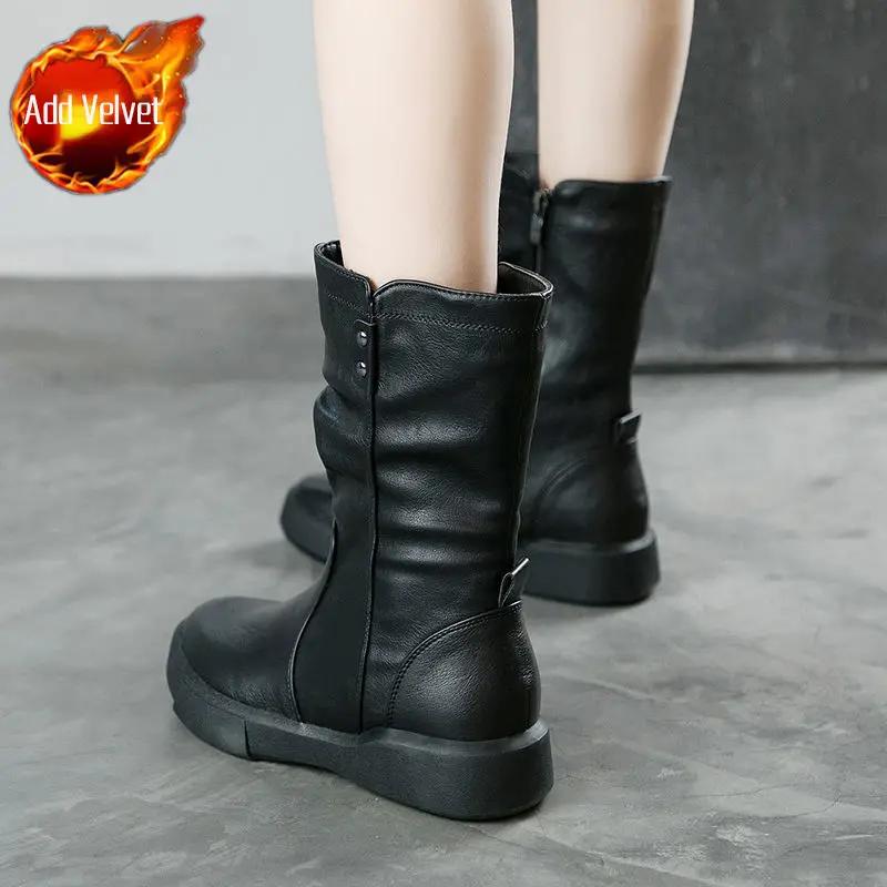 Brown Ladies Mid Calf Shoes Round Toe Middle Heel Comfortable and Elegant Women's Half High Boots Demi-season Large Size Warm Pu