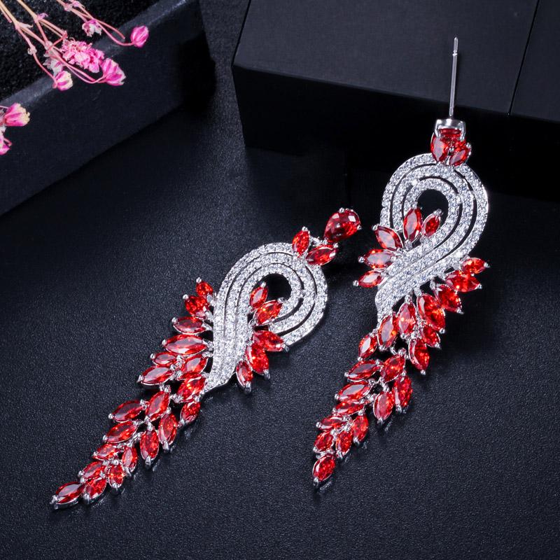 CMM Brand High Quality White Gold Color Austrian CZ Zircon Bridal Long Red Green Drop Earrings Jewelry for Women