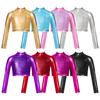 Kids Girls Sequins Shiny Crop Top Long Sleeve Mock Neck Athletic Shirts Jazz Hip-hop Dance Tops