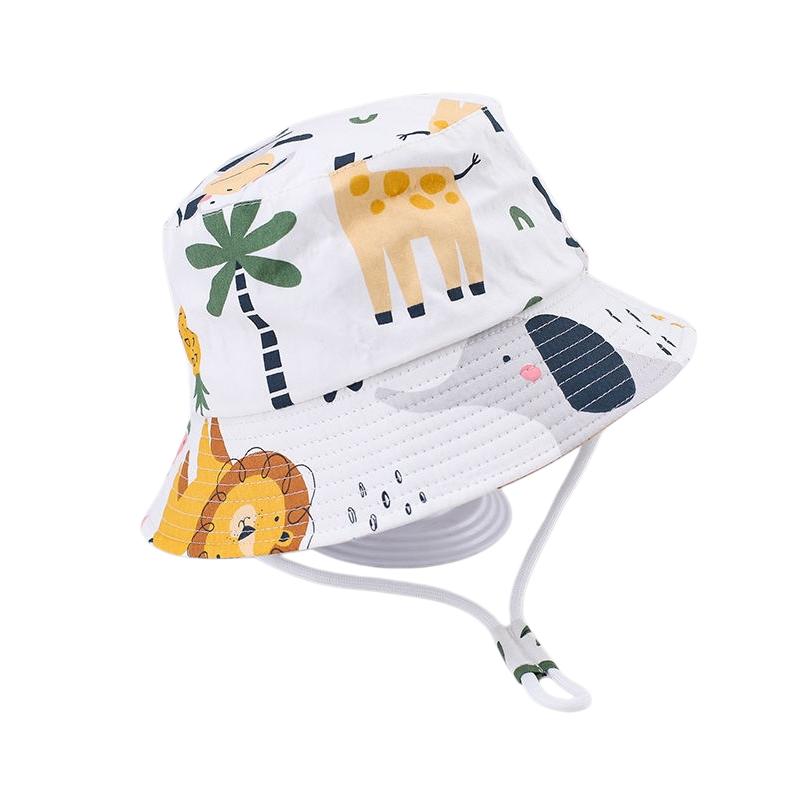 New Summer Baby Hat Cartoon Print Wide Brim Fisherman Hat for Boys Girls Adjustable Chin Strap Infant Beach Cap