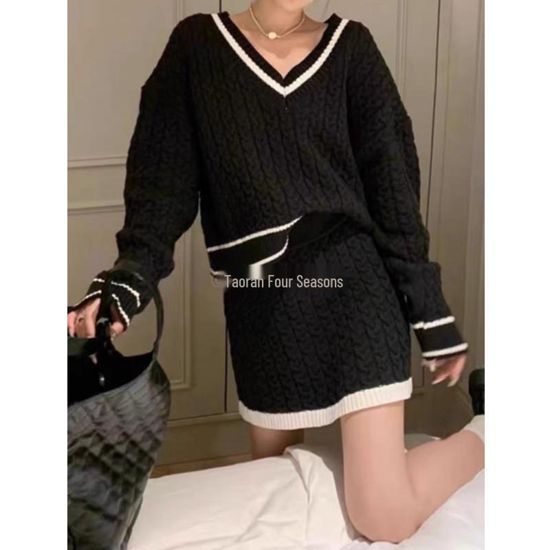 2026 Korean Retro Color Block V-neck Cable Knit Sweater & High-Waist Bodycon Skirt Set for Women
