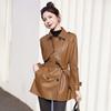 Женский тренч из овечьей кожи, новый, весна-осень 2025, модный дизайн, двубортный, однотонный, тонкий, кожаный блейзер, топы