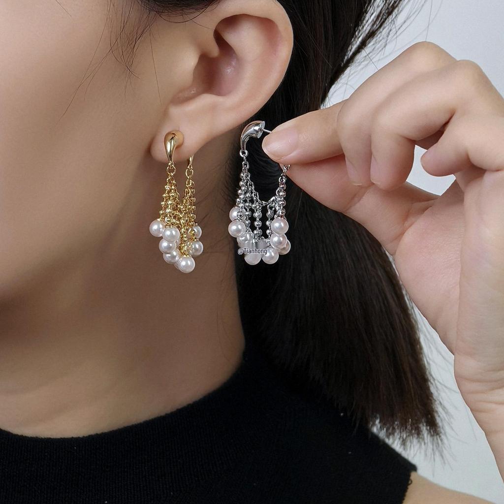 Elegant French Tassel Pearl Earrings - Luxurious Women's Studs 2025 New