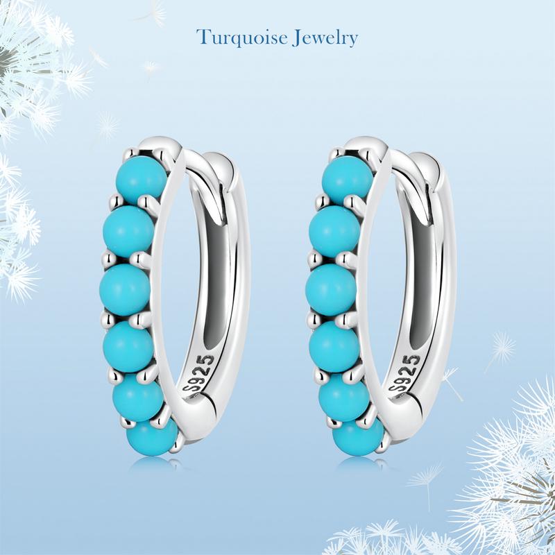 BAMOER 925 Sterling Silver Stackable Blue Turquoise Ear Buckles for Female Fashion Modern Hoop Earrings for Women Fine Jewelry