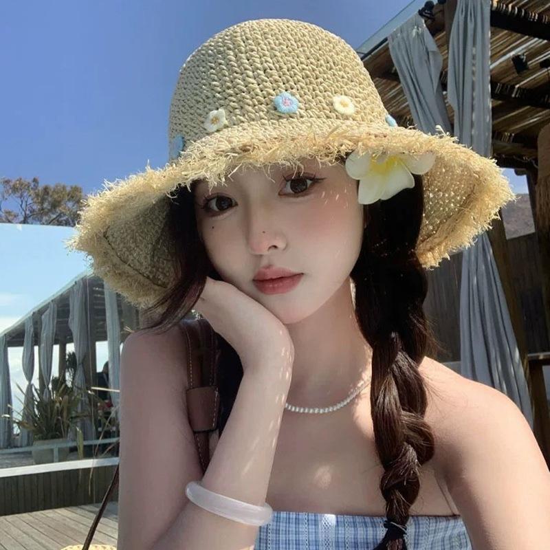 Seaside Straw Hat Women's Summer Bucket Hat New Handmade Straw Visor Flower Pastoral Sun Hat Big Brim Sun Protection Hat