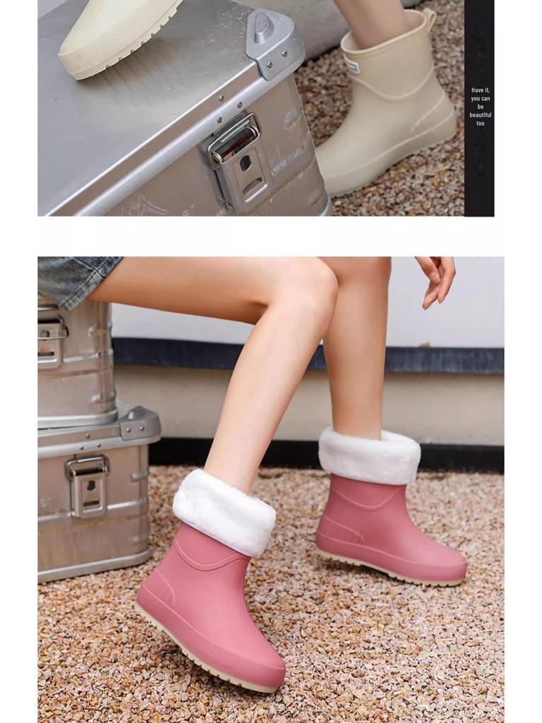 Women’s Fashionable Soft-Soled Waterproof Mid-Tube Rain Boots with Velvet Lining - Non-Slip Winter Wear