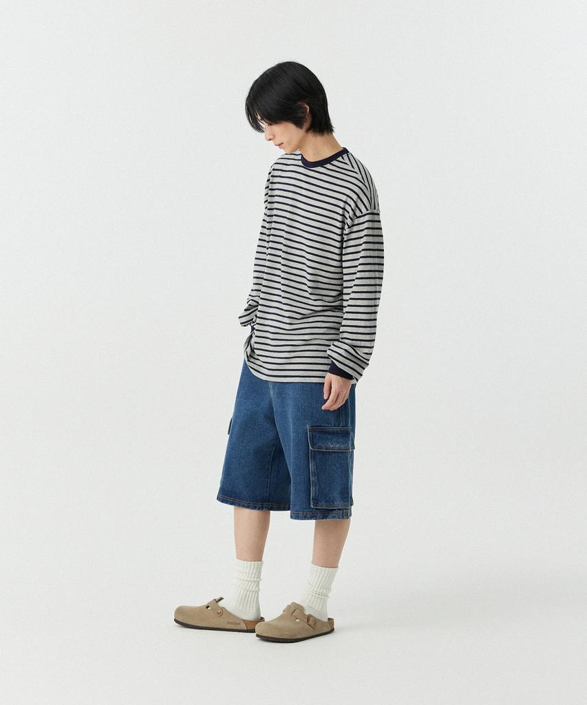 STENDS [M~4XL] Полосатая футболка с длинным рукавом_Серый
